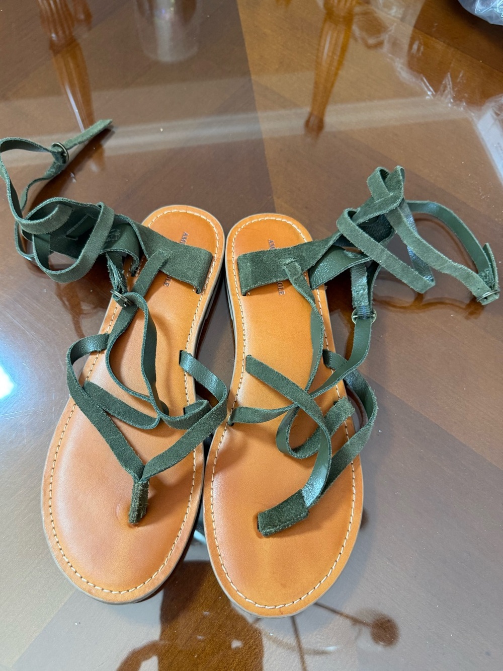 American Eagle Outfitters Olive Green Suede Wrap Sandals with Tan Footbed